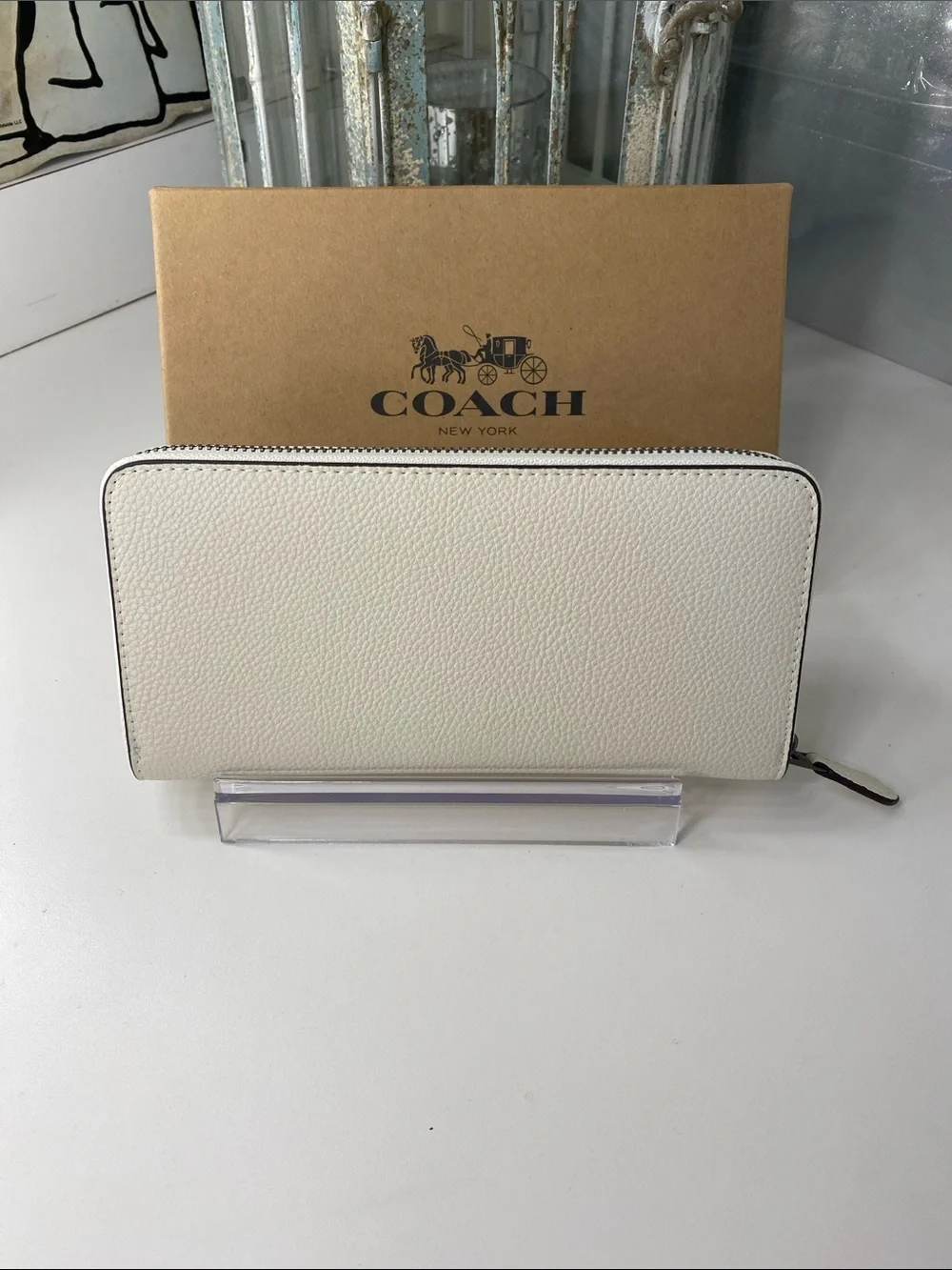 Coach White Pebbled Leather Zip Wallet with Snoopy and Woodstock Graphic